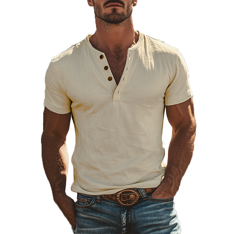 Men's Classic American Vintage Henley Collar Suede Short Sleeve T-Shirt 18517480K