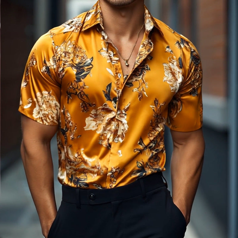 Men's Retro Casual Printed Floral Lapel Short Sleeve Shirt MTA1484D6TO