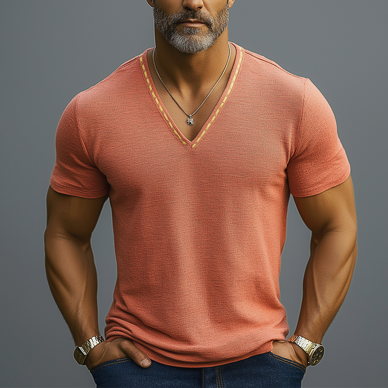 Herre sommerlig lett, brodert lin-T-skjorte med V-hals og korte ermer MTA0487F2P