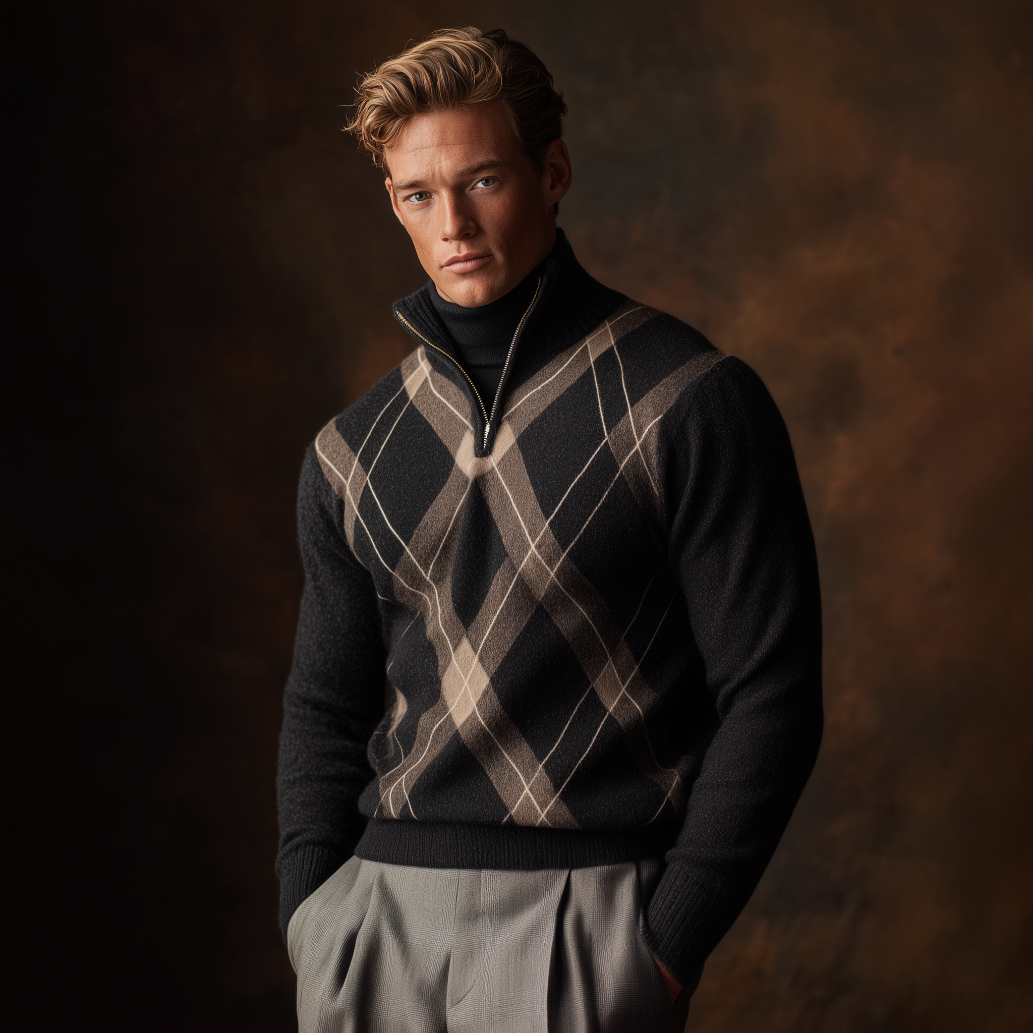 Men's Classic American Retro Stand Collar Zipper Jacquard Sweater MTA0485I5K