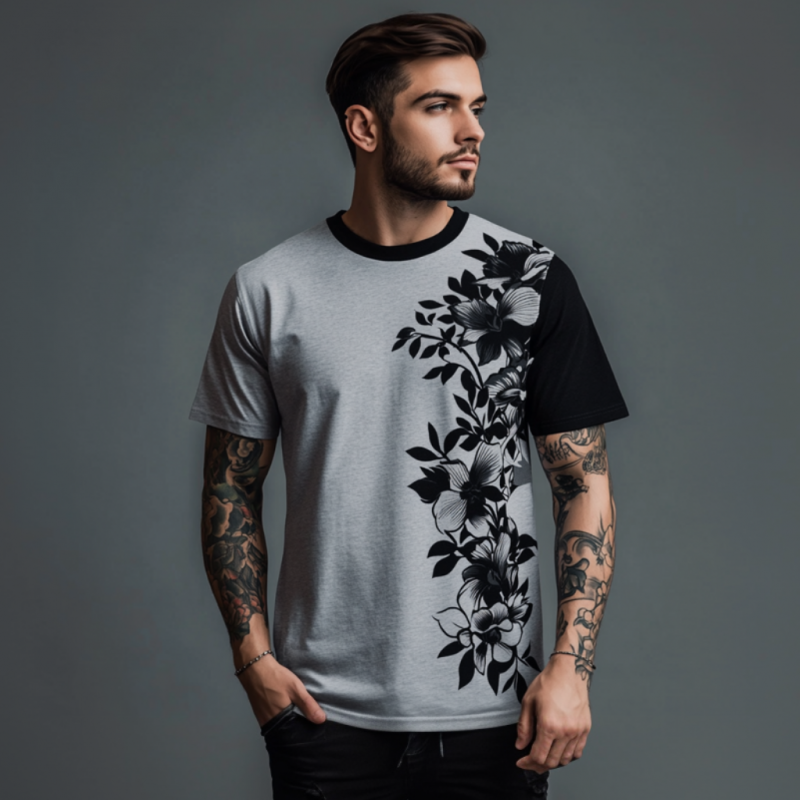 Men's Casual Contrast Color Flower Print Round Neck Loose Short Sleeve T-shirt MTA1596E9M