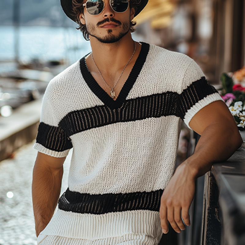 Men's Summer Fashion Casual Black And White Horizontal Striped V-neck Knitted Short-sleeved T-shirt Elastic Waist Shorts Set MTA2665F6K