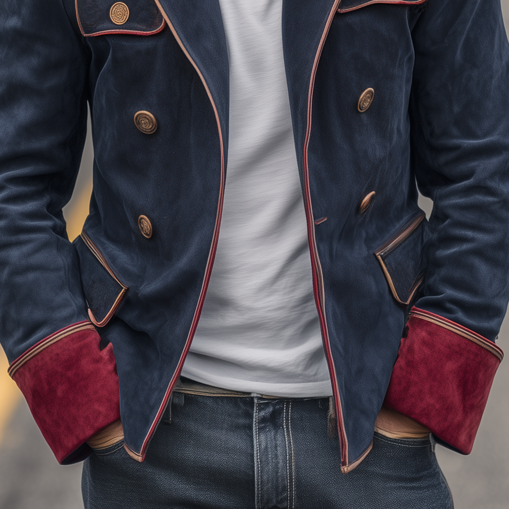 Men's Classic Vintage Double Breasted Lapel Contrast Suede Jacket MTA2796H7K