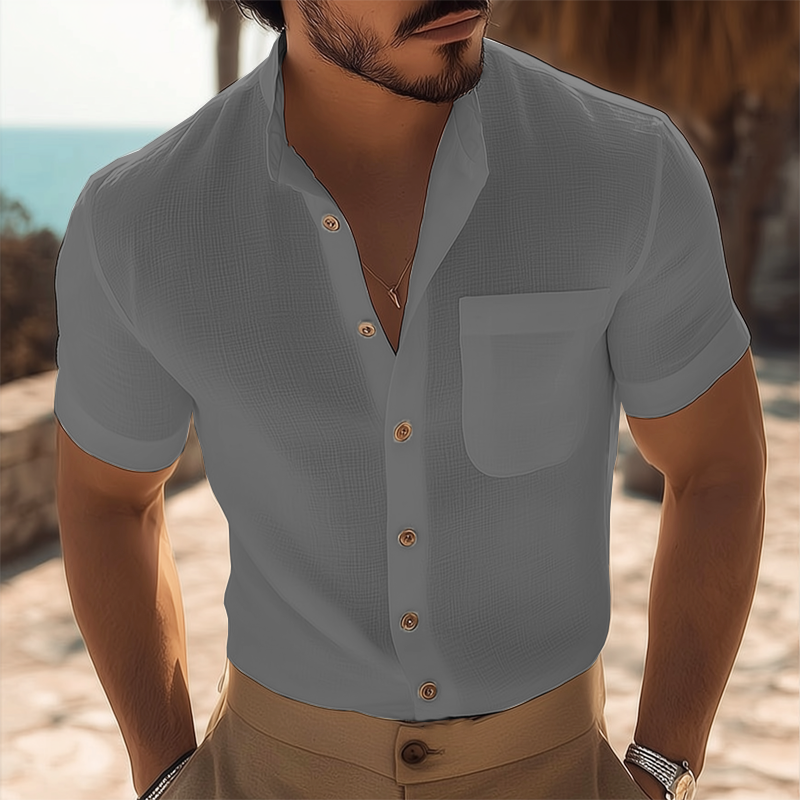 Men's Business Stand Collar Basic Texture Short Sleeve Shirt MTA1435G8U