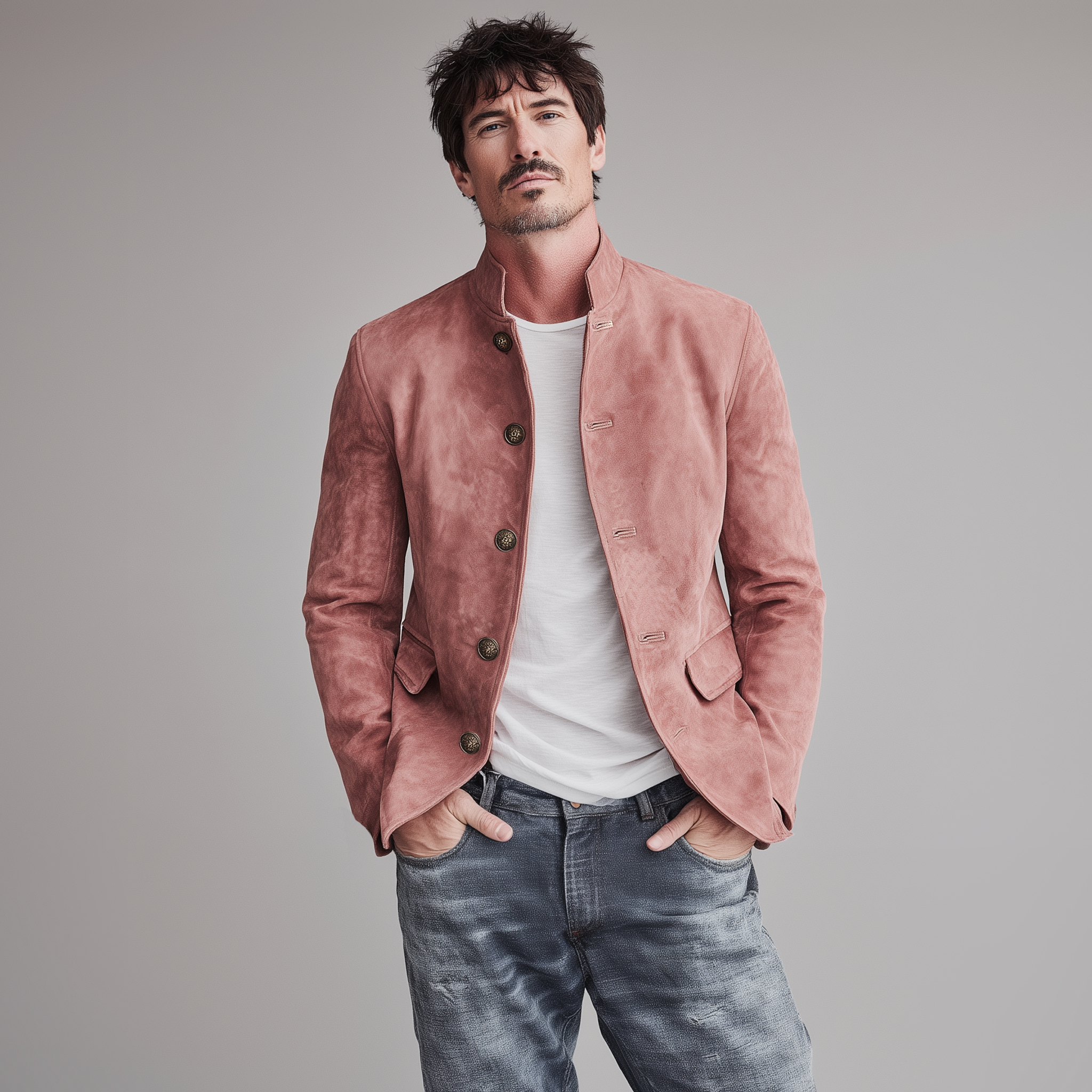 Men's Classic Retro Stand Collar Pink Suede Slim Jacket MTA2272H9K