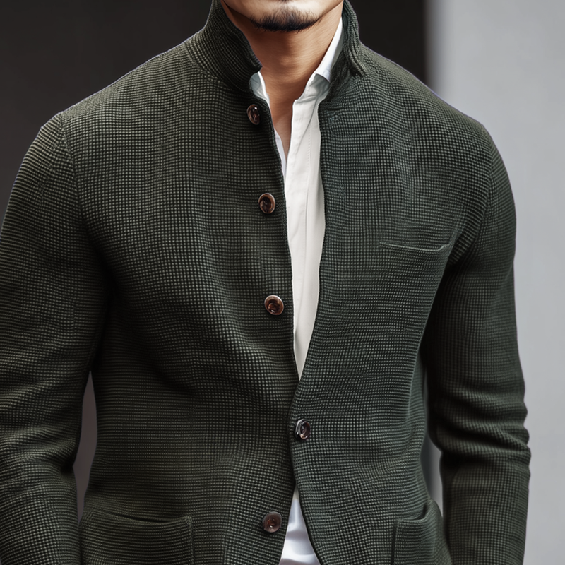 Men's Woven Textured Plaid Stand Collar Single-Breasted Jacket MTA2843H3Z
