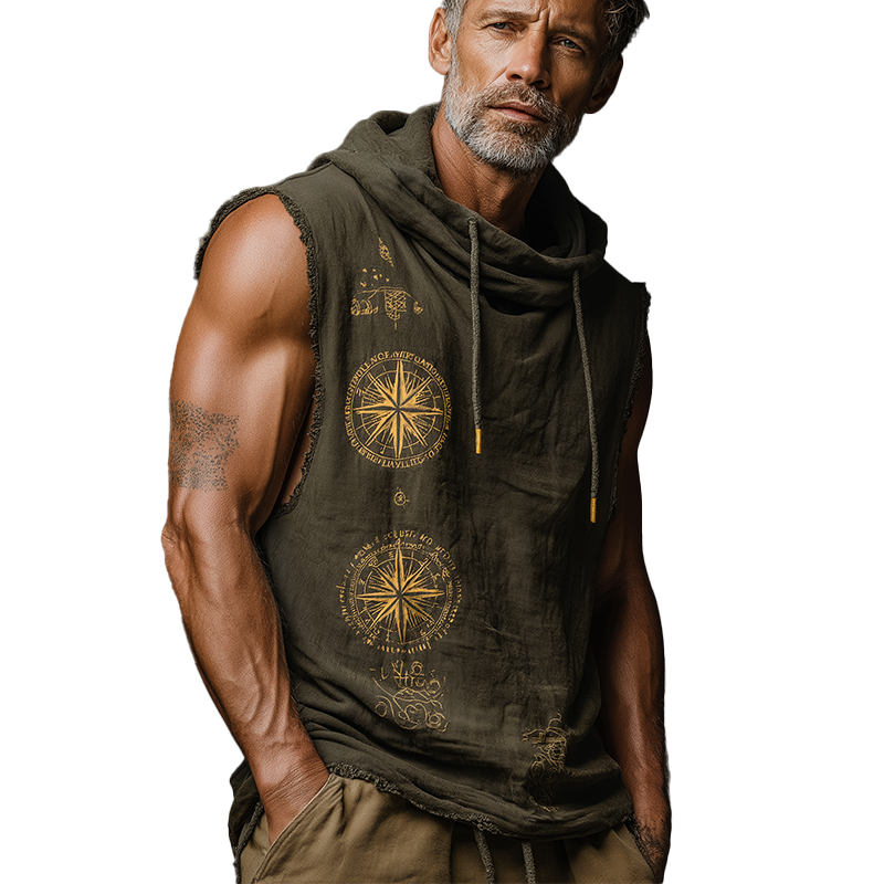 Men's Summer Retro Printed Cotton And Linen Sleeveless Hooded Tank Top MTA1731F2P