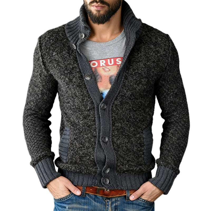 Men's Retro Casual Knitted Colorblock Button Sweater Stand Collar Cardigan MTA1686J8TO