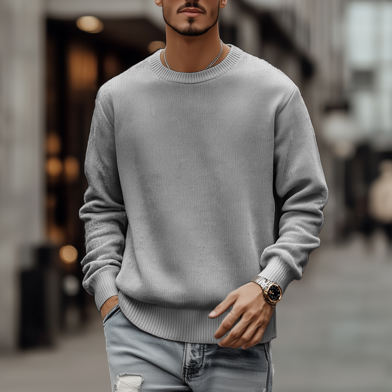 Men's Casual Breathable Solid Color Round Neck Loose Long Sleeve Knitted Sweater MTA3154G7M