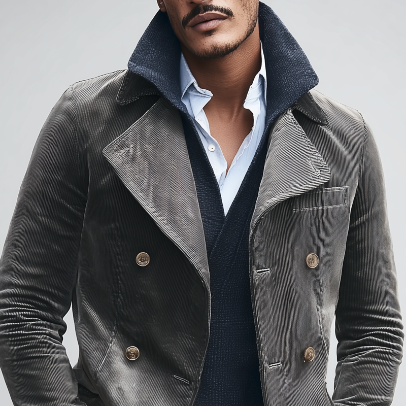 Men's Solid Corduroy Lapel Double Breasted Casual Jacket MTA1610I6Z