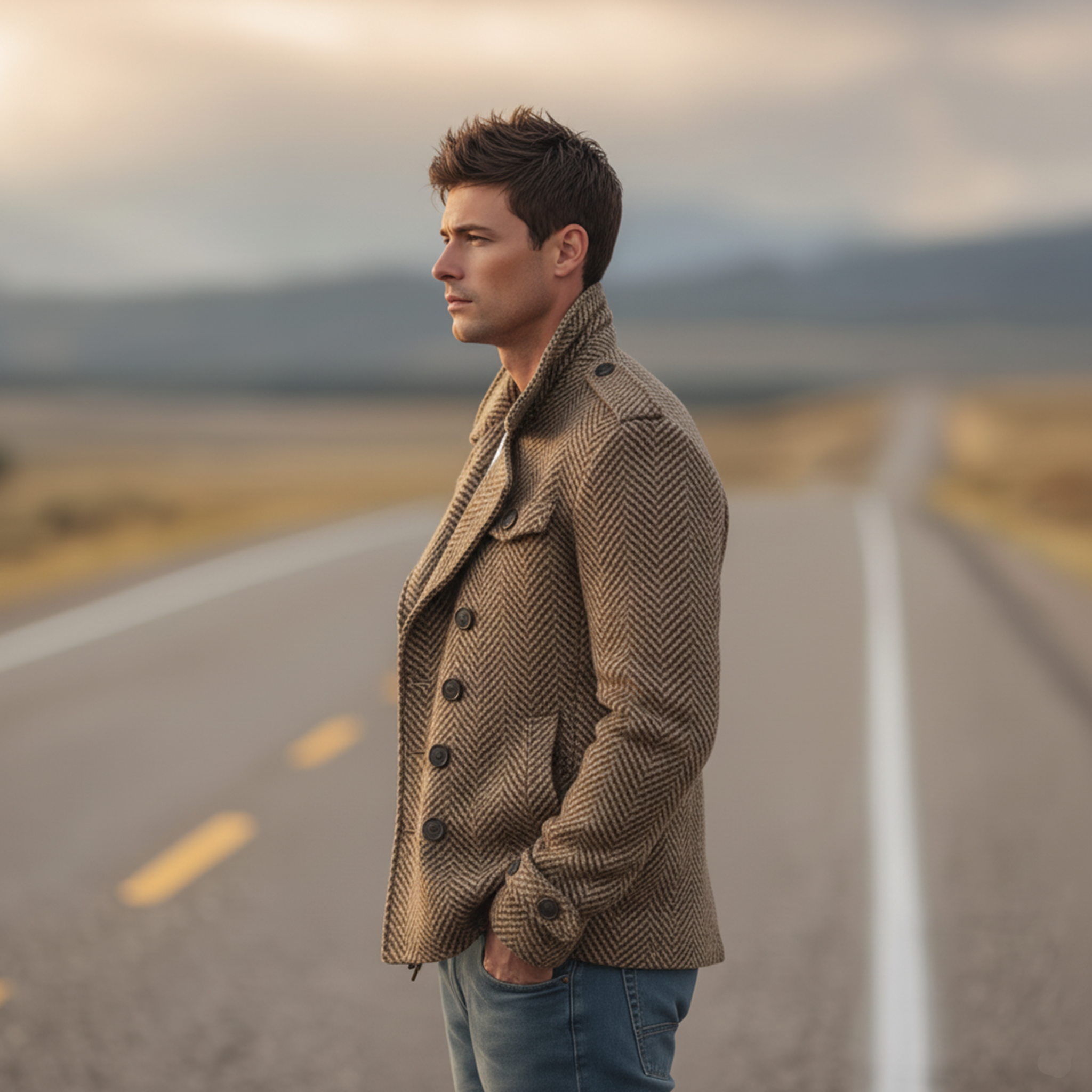 Men's Classic Vintage Western Style Faux Herringbone Wool Double Breasted Jacket MTA2547I6K