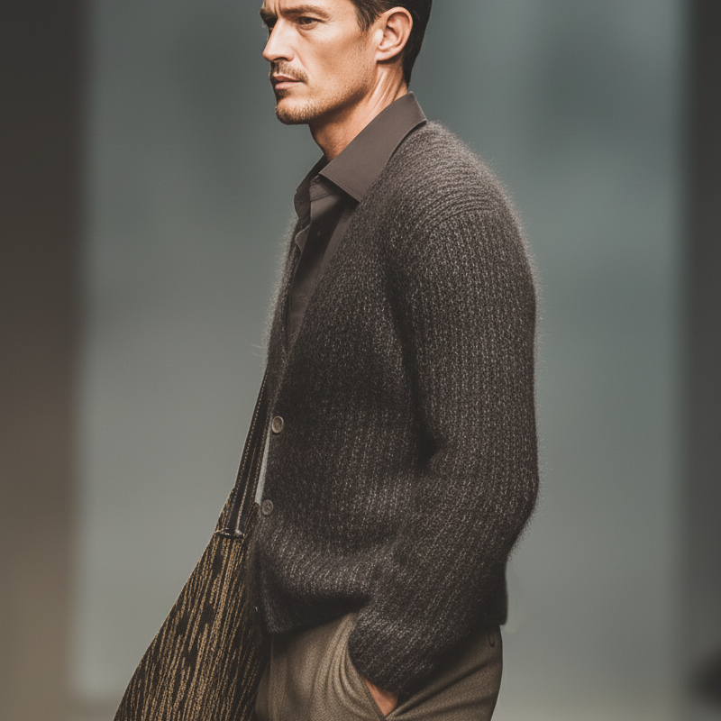 Men's Retro Gray-Brown V-Neck Slim Fit Knit Cardigan MTA3071J8U