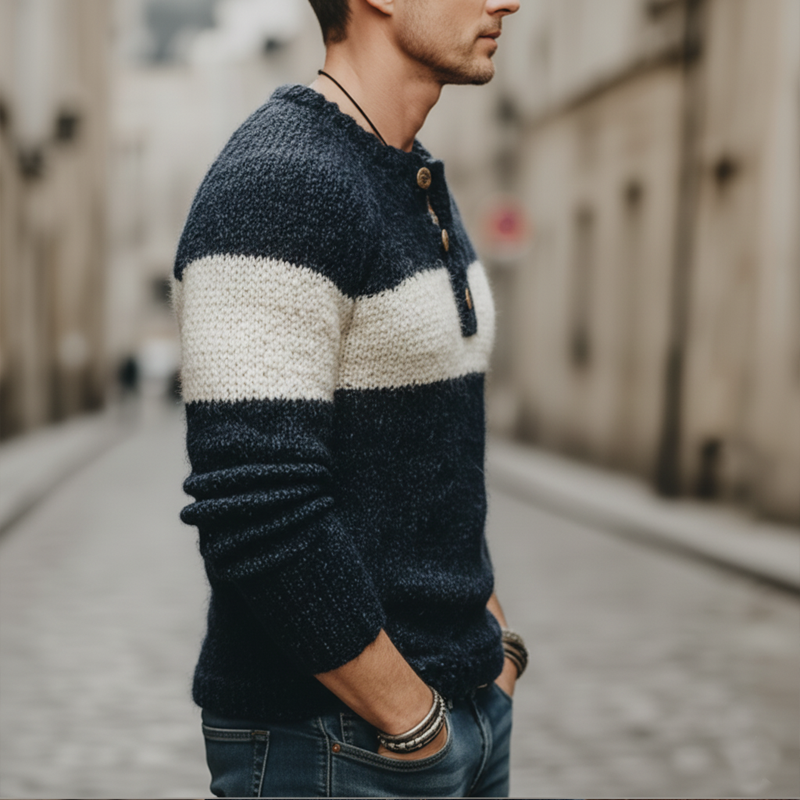 Men's Classic Color-blocked Henley Collar Slim Fit Sweater MTA0172K5U