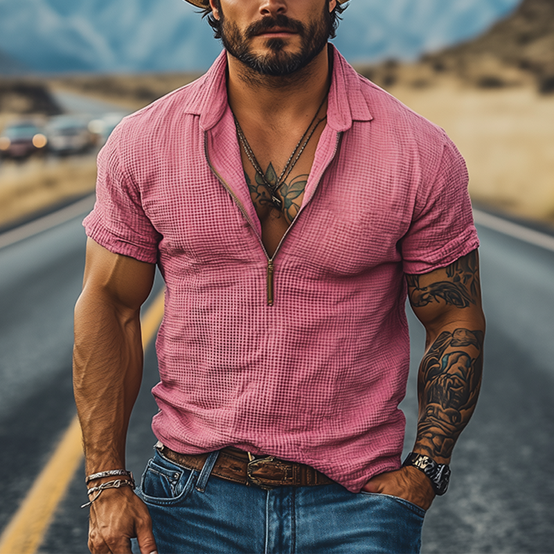 Men's Casual Classic American Western Tough Guy Style Waffle V-neck Zipper Slim Short-sleeved T-shirt MTA2869E9K