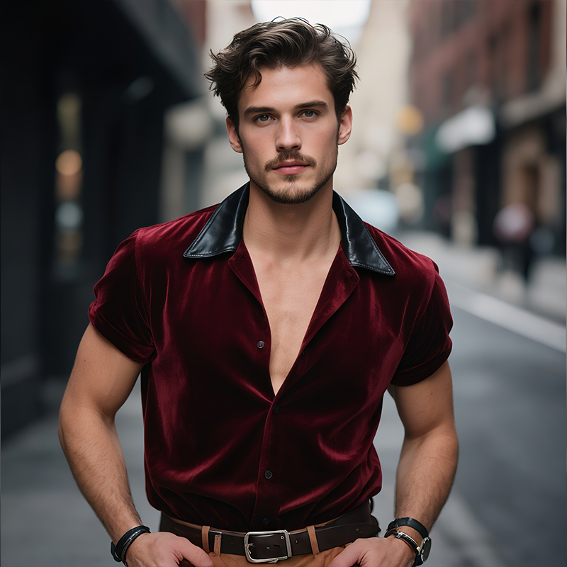 Men's Retro Casual Velvet Leather Lapel Short Sleeve Shirt MTA0768G0TO