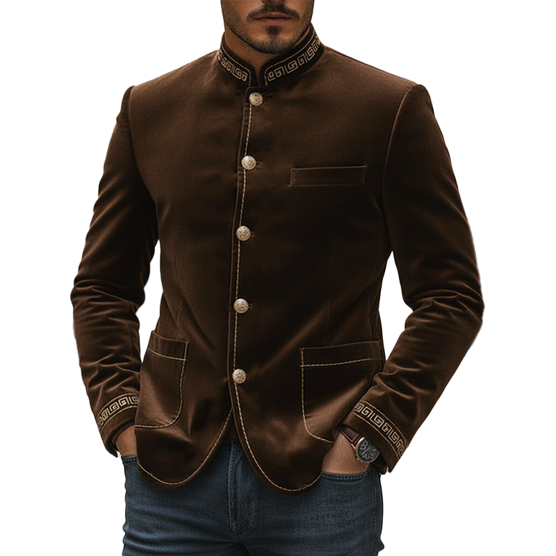 Men's Retro Embroidered Stand-up Collar Velvet Button Jacket MTA2334L6P
