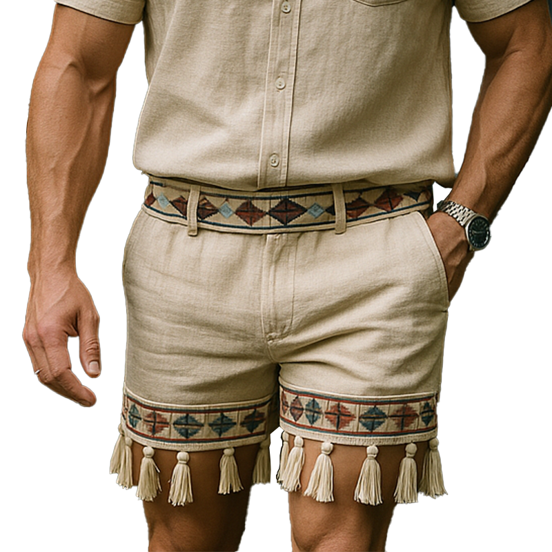 Men's Summer Fashion Printed Tassel Slub Linen Casual Shorts MTA1355F0P