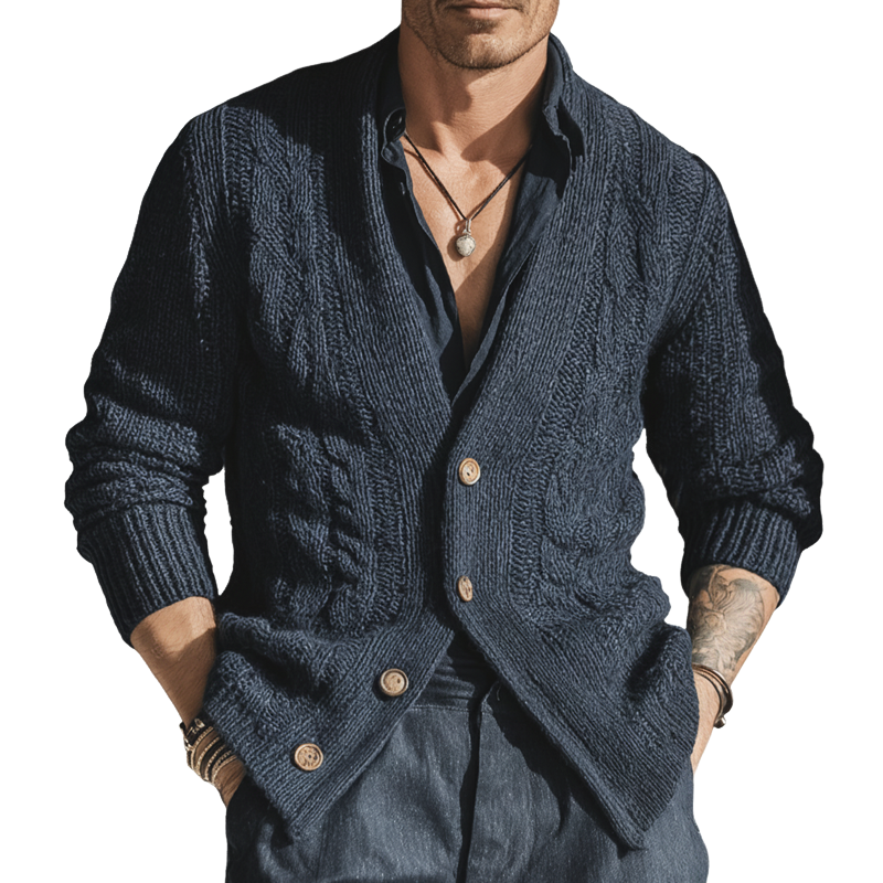 Men's Classic Cable Knit Jacquard Navy Blue Button-up Cardigan MTA2925K8U