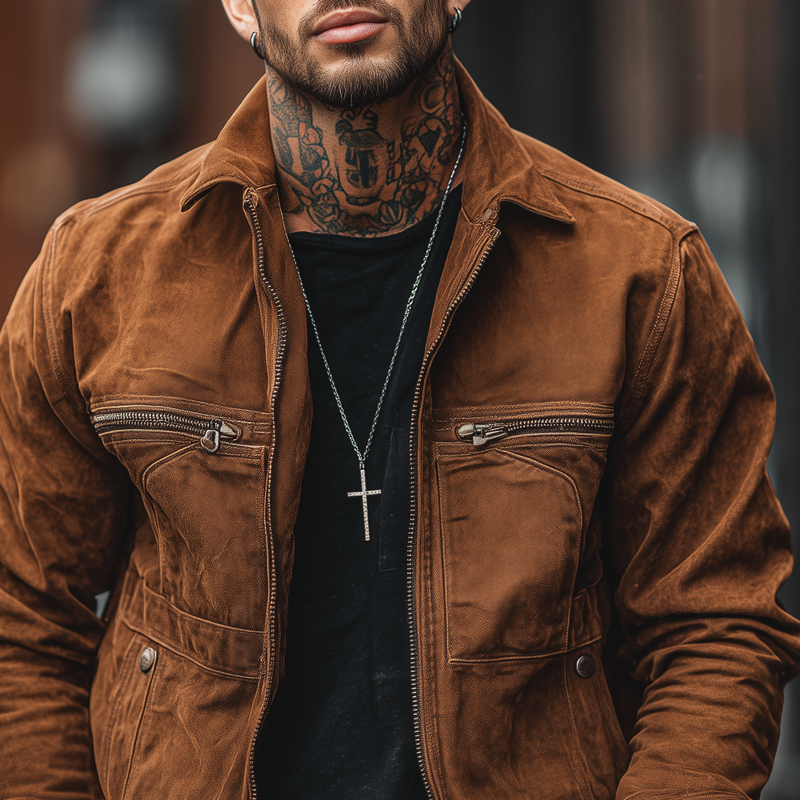 Men's Washed Cotton Lapel Multi-pocket Zipper Cargo Jacket MTA0119H7Z