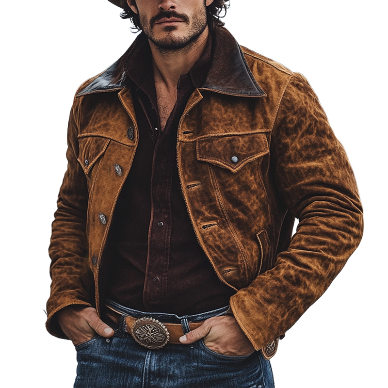 Men's Retro Western Cowboy Style Patchwork PU Collar Suede Jacket MTA0310K9X