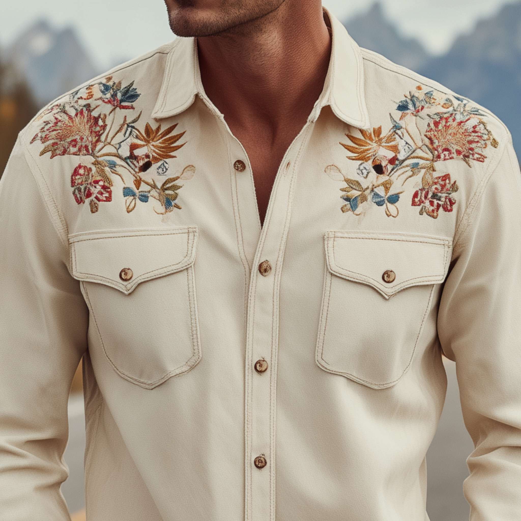 Men's Classic Retro Shoulder Embroidered Suede Slim Long Sleeve Shirt MTA2068H0K