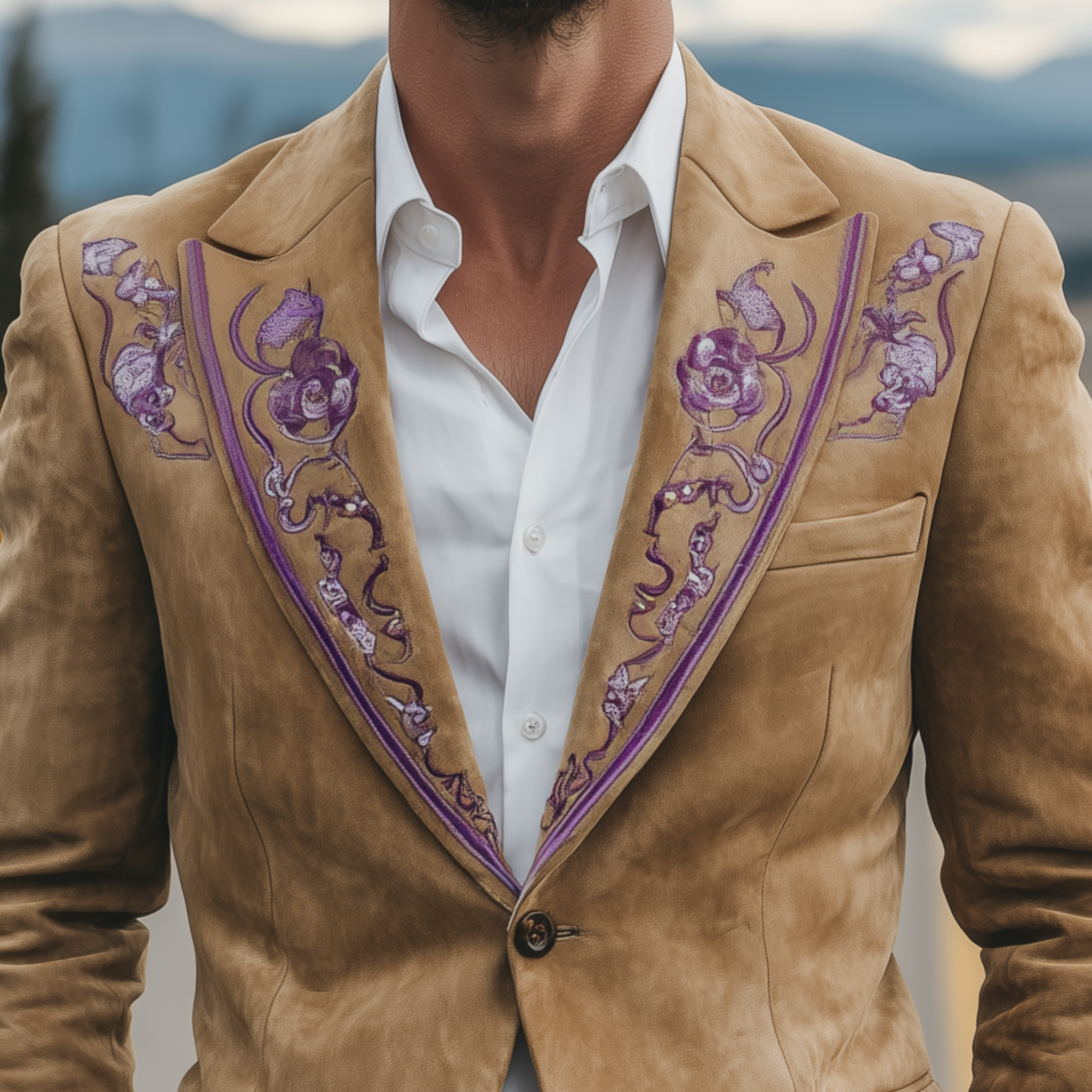 Men's Classic Retro Western Style Embroidered Suede Single-breasted Blazer MTA2870H8K