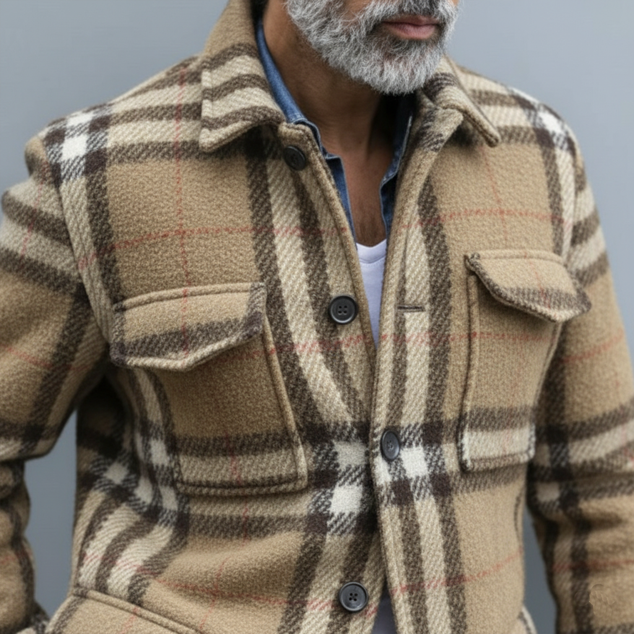 Men's Classic Light Business Lapel Single-breasted Faux Plaid Woolen Jacket With Multiple Pockets MTA3032I6K