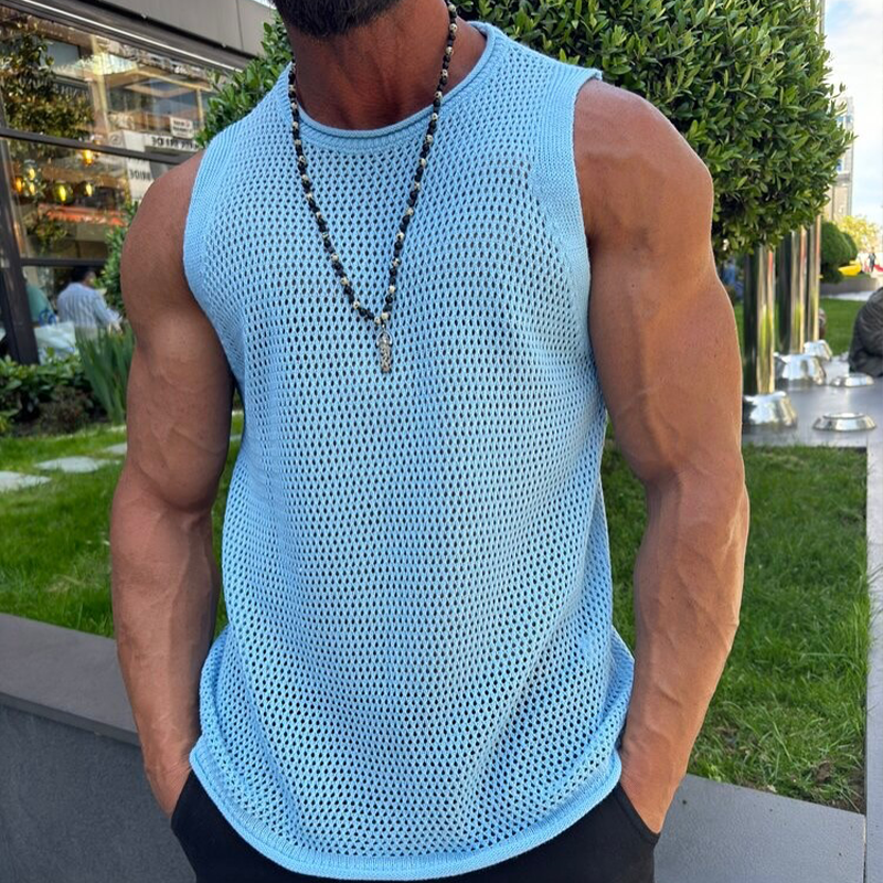 Men's Solid Knit Mesh Crew Neck Tank Top MTA1809G1X