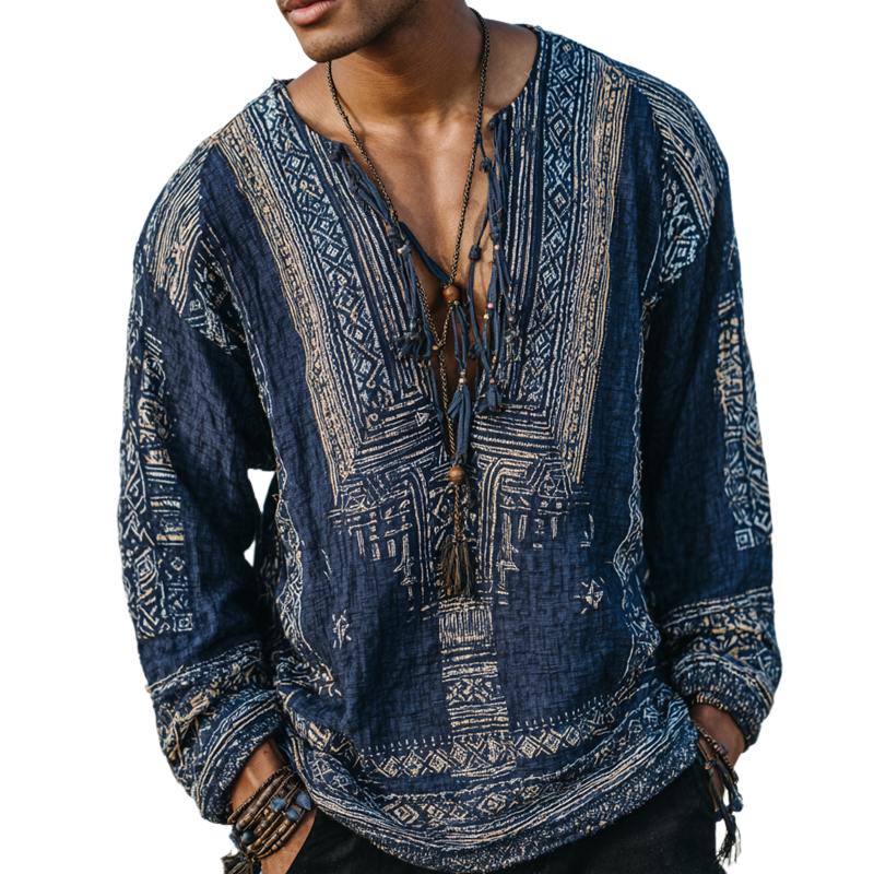 Men's Aztec Patterns V Neck Long Sleeve Shirt MTA1159H8Z