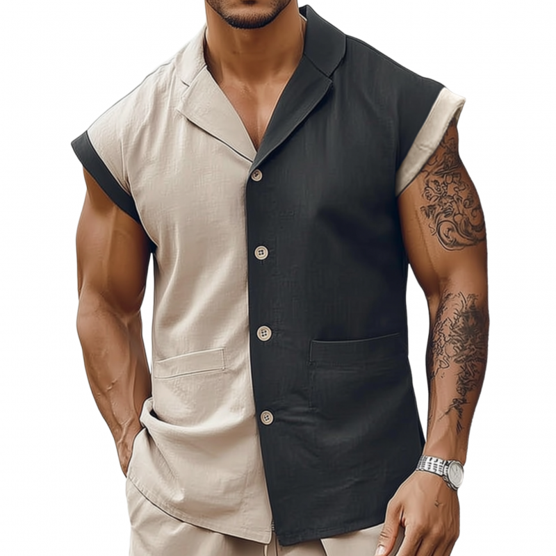 Men's Fashion Breathable Contrast Color Cotton Linen Cuban Collar Slim Sleeveless Shirt MTA2569F3M