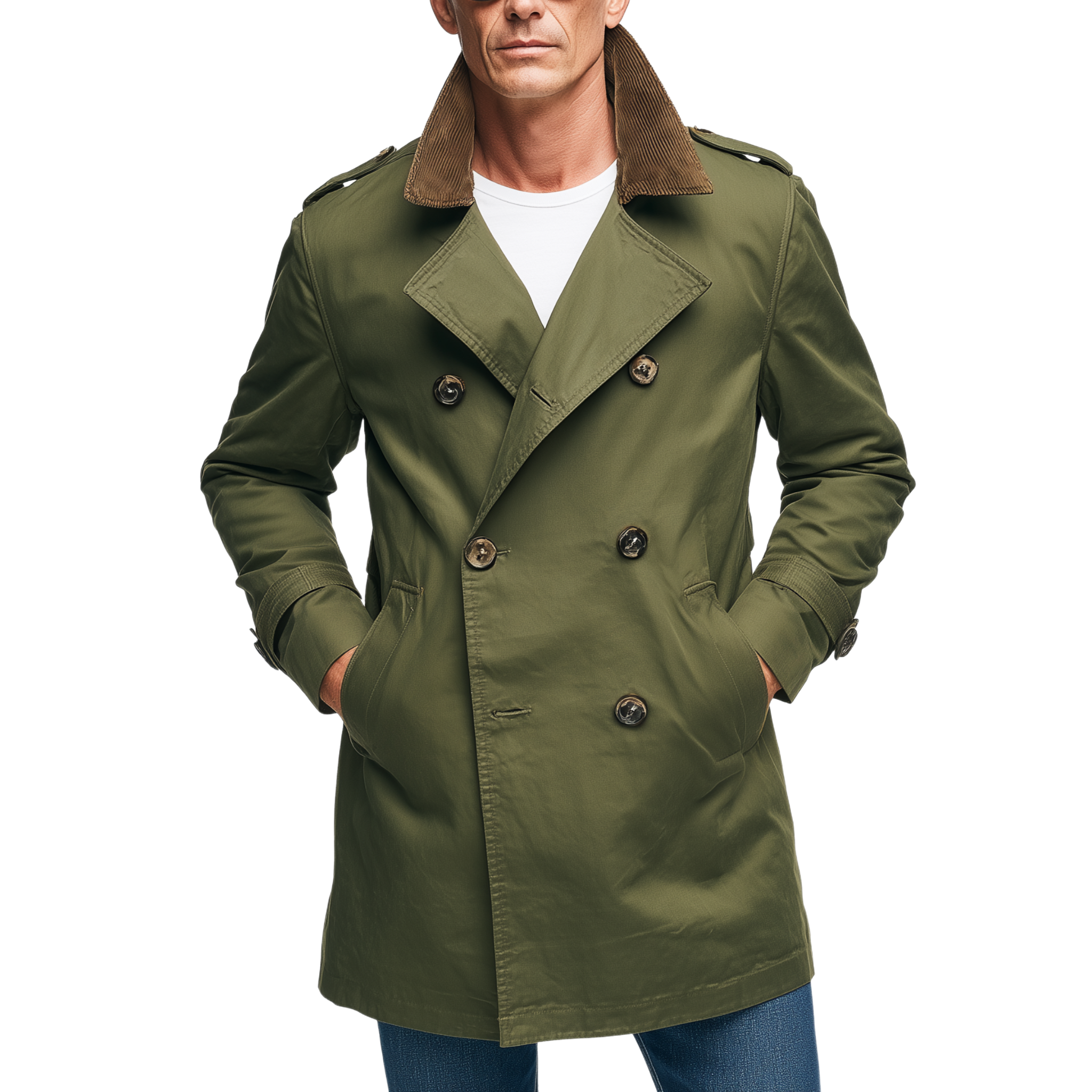 Men's Classic Casual Corduroy Lapel Double-breasted Twill Cotton Thigh-length Trench Coat MTA1397H9K