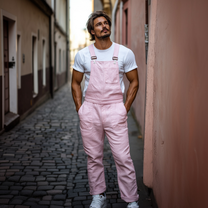 Men's Casual Breathable Linen Solid Color Multi-Pocket Straight Trousers Jumpsuit MTA2716E8M