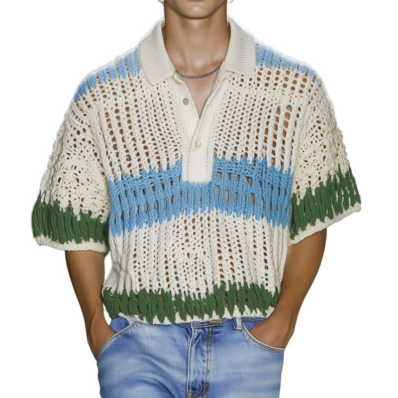 Men's Casual Contrast Striped Lapel Loose Short-sleeved Knitted Polo Shirt MTA1038F9M