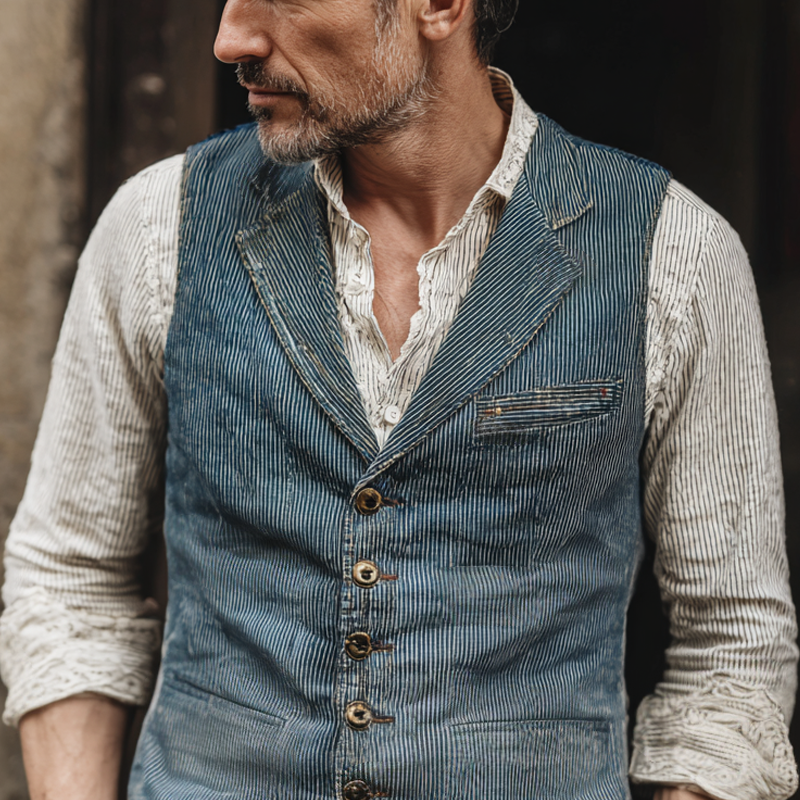 Men's Washed Striped Denim Notch Lapel Single Breasted Vest MTA2879H7Z