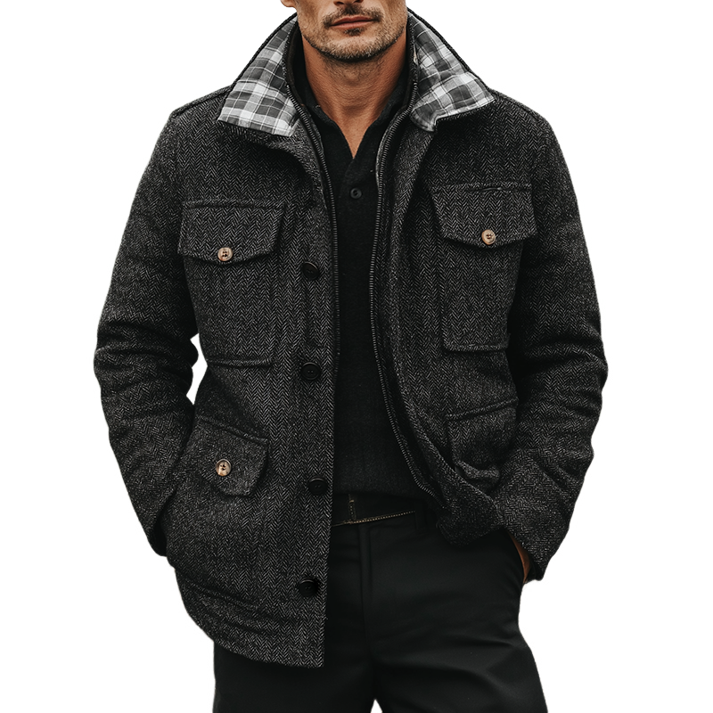 Men's Retro Casual Herringbone Lapel Multi-Pocket Jacket MTA1461K6TO