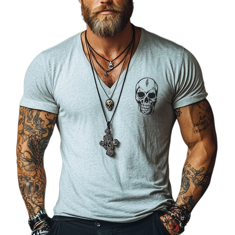 Men's Solid Color Cotton Skull Print Short Sleeve T-Shirt MTA3094D7X