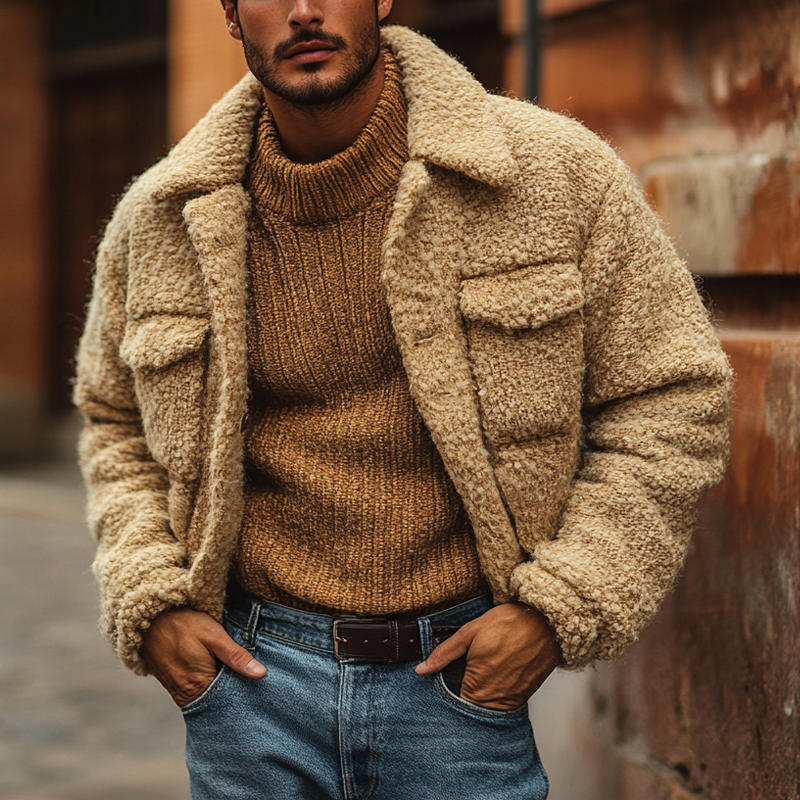 Men's Solid Color Warm Fleece Collared Pocket Jacket MTA0585K7X