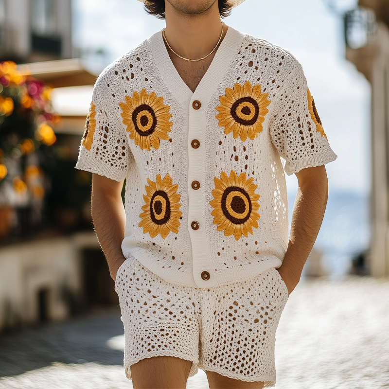 Herre vår- og sommermote fritidsstil feriestil strikket hul blomst kortermet skjorte med elastisk midje shortssett MTA2167F2K