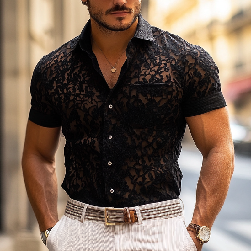 Men's Fashion Lace Lapel Short Sleeve Casual Shirt MTA1216E3Z
