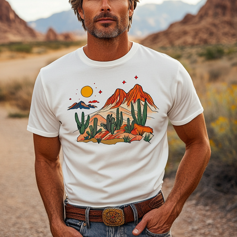 Herre t-skjorte med rund hals og korte ermer, cowboy-logo, ørkentrykk, MTA1096F9X