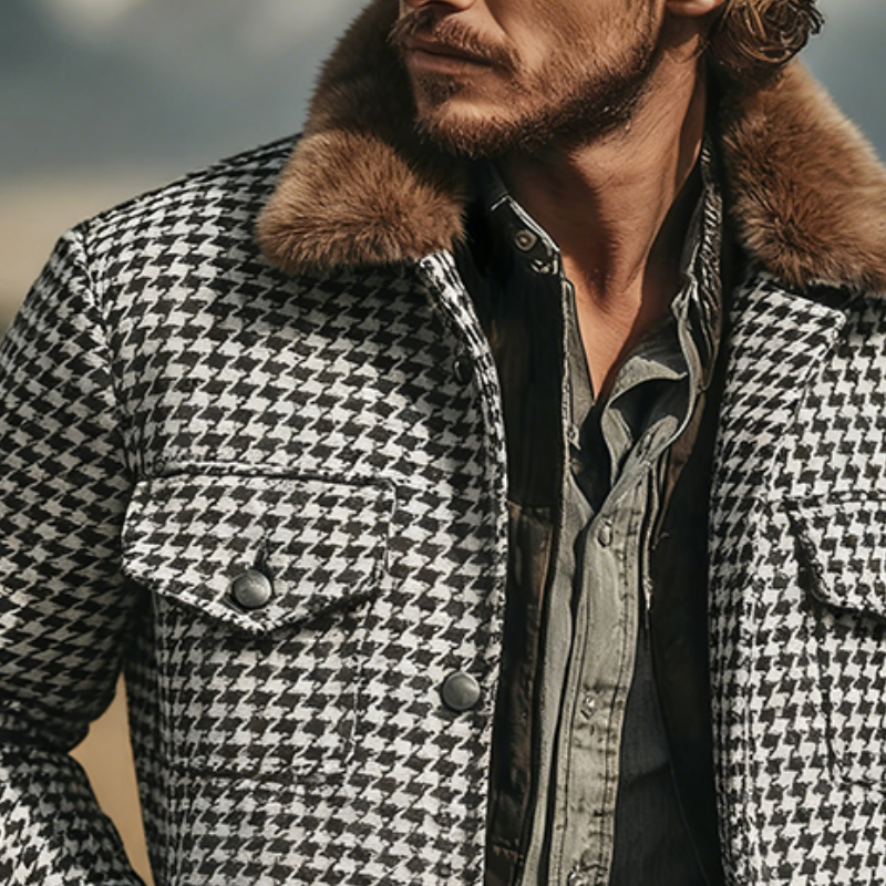 Men's Retro Casual Houndstooth Fur Collar Jacket MTA2580K6TO