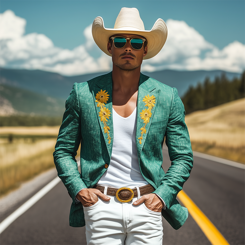 Men’s Spring and Summer Thin Fashion Casual American Retro Western Tough Style Cotton And Linen Texture Embroidery Slim Fit Single-breasted Blazer MTA1603F8K