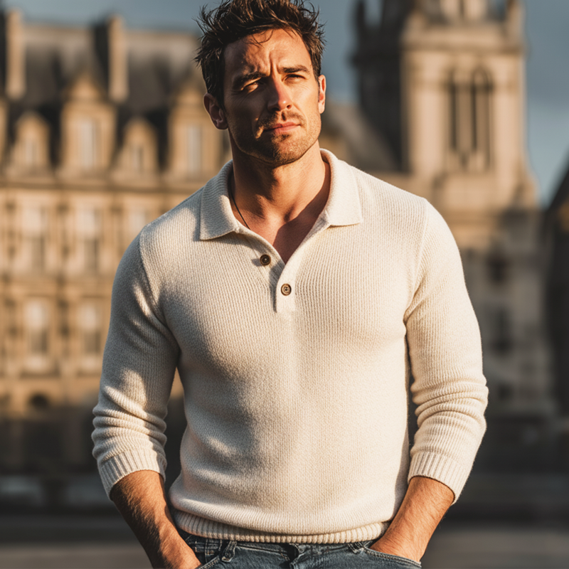 Men's Solid Color Business Three-button Polo Collar Knit Sweater MTA0597K6U