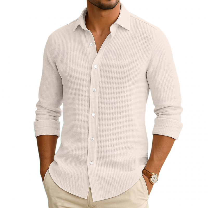 Men's Casual Solid Color Breathable Texture Waffle Lapel Slim Fit Long Sleeve Shirt MTA2188G9M