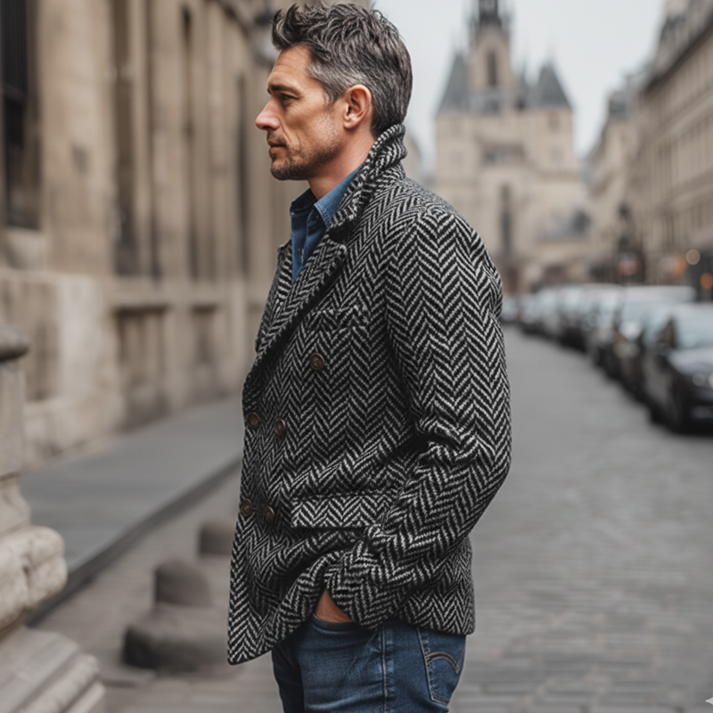 Men's Classic Herringbone Double-Breasted Faux Wool Blazer MTA2029J0U