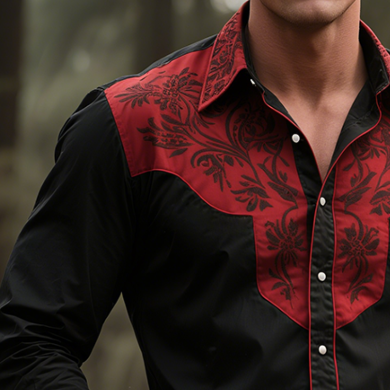 Men's Retro Casual Western Style Floral Print Lapel Long Sleeve Shirt MTA1400H1TO