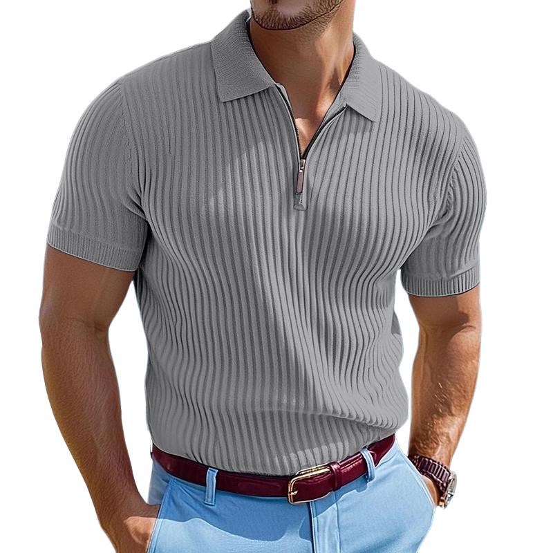 Men's Knitted Striped Zipper Short-sleeved POLO Shirt MTA1540G6X