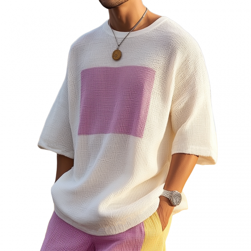 Men's Fashion Colorblock Round Neck Loose Short Sleeve Knitted Sweater T-shirt MTA2593F8M