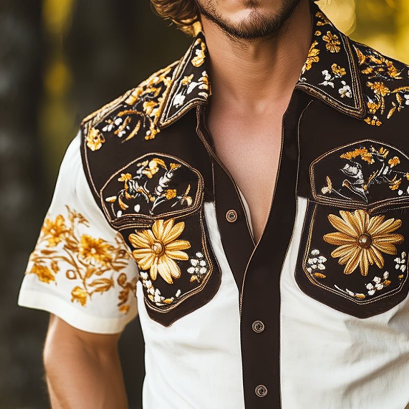 Men's Summer Exquisite Embroidered Colorblock Short Sleeve Shirt MTA2611E5U