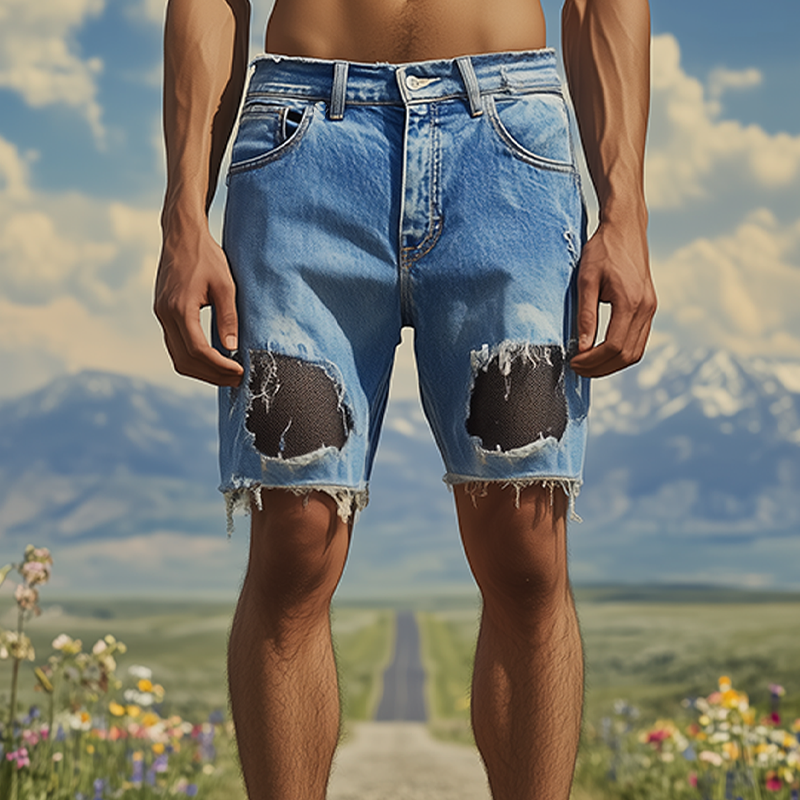 Men's Spring And Summer Fashion Casual Denim Washed Splicing Mesh Fabric Raw Edge Shorts MTA2722F1K